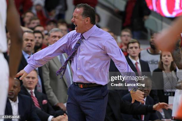 Head coach Mark Gottfried of the North Carolina State Wolfpack reacts during their game against the Syracuse Orange at PNC Arena on February 1, 2017...