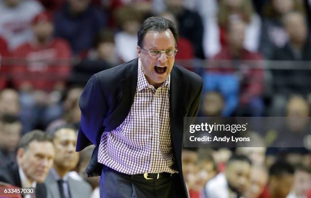 Tom Crean the head coach of the Indiana Hoosiers gives instructions to his team against the Penn State Nittany Lions at Assembly Hall on February 1,...