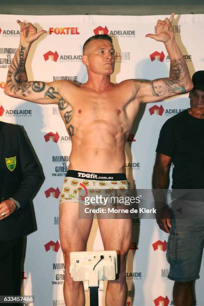 Australian boxer Danny Green looks on during the official weigh in ahead of their Friday night bout at Adelaide Oval on February 2, 2017 in Adelaide,...