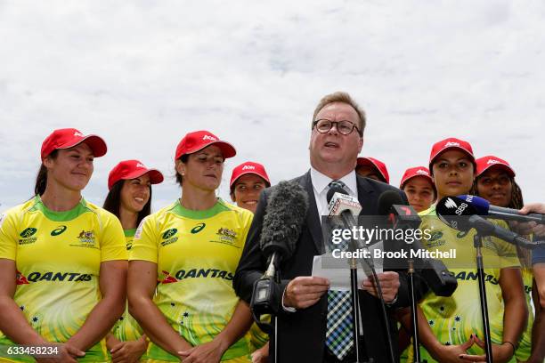 Bill Pulver, CEO of Australian Rugby Union, addresses the media during an Australian Women's Sevens media opportunity at Goldstein Reserve on...