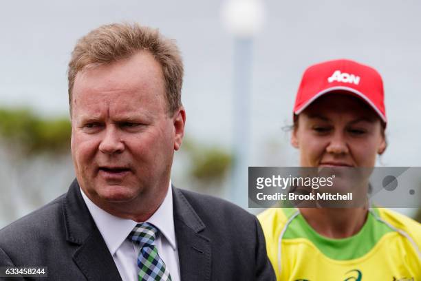 Bill Pulver, CEO of Australian Rugby Union, addresses the media during an Australian Women's Sevens media opportunity at Goldstein Reserve on...