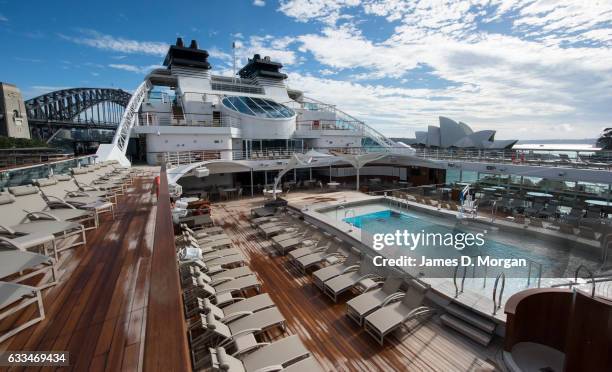 The main pool area of the Seabourn Encore with the opera House and Harbour Bridge as backgroun on February 2, 2017 in Sydney, Australia. The Seabourn...