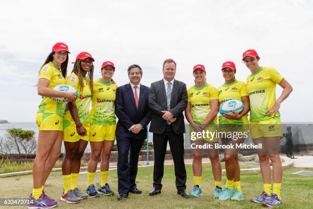 Alicia Quirk, Ellia Green, Shannon Parry, AON Chairman Lambros Lambrou, Australian ARU Boss Bill Pulver, Sharni Williams, Tiana Penitani, and Chloe...