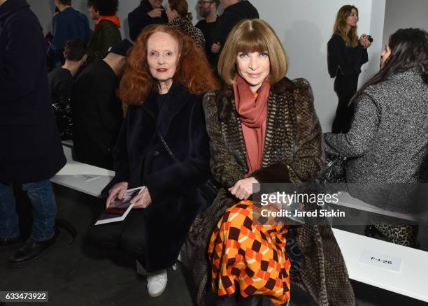 Grace Coddington and Anna Wintour attend the Raf Simons show during NYFW: Men's on February 1, 2017 in New York City.