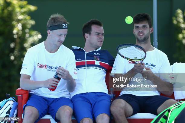 Zdenek Kolar, Jan Satral and Jiri Vesely of Czech Republic relax after the official draw during a practice session ahead of the Davis Cup World Group...