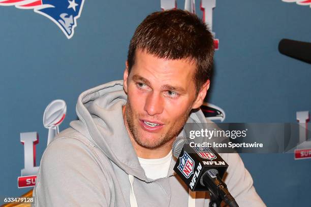 New England Patriots quarterback Tom Brady answers questions from the media during the New England Patriots Press Conference on February 02 at the JW...