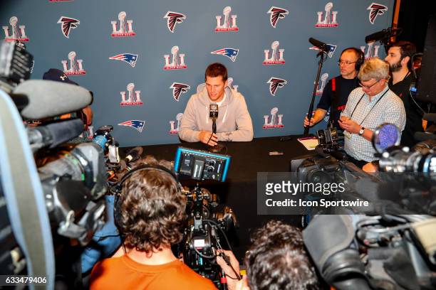New England Patriots quarterback Tom Brady answers questions from the media during the New England Patriots Press Conference on February 02 at the JW...
