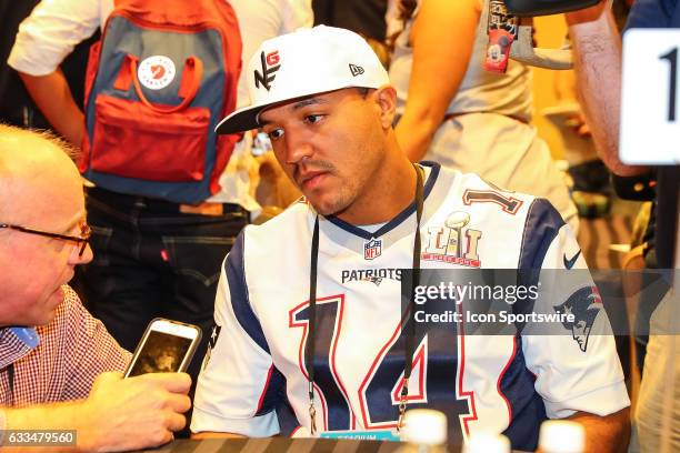 New England Patriots wide receiver Michael Floyd answers questions from the media during the New England Patriots Press Conference on February 02 at...