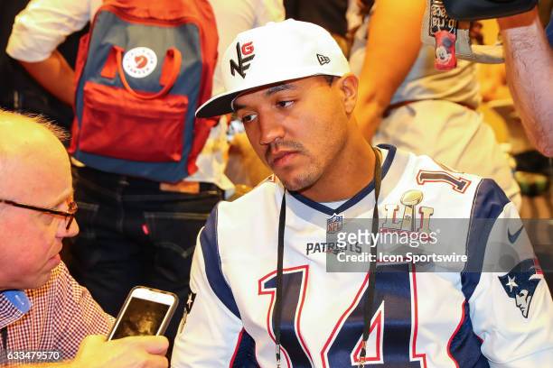 New England Patriots wide receiver Michael Floyd answers questions from the media during the New England Patriots Press Conference on February 02 at...
