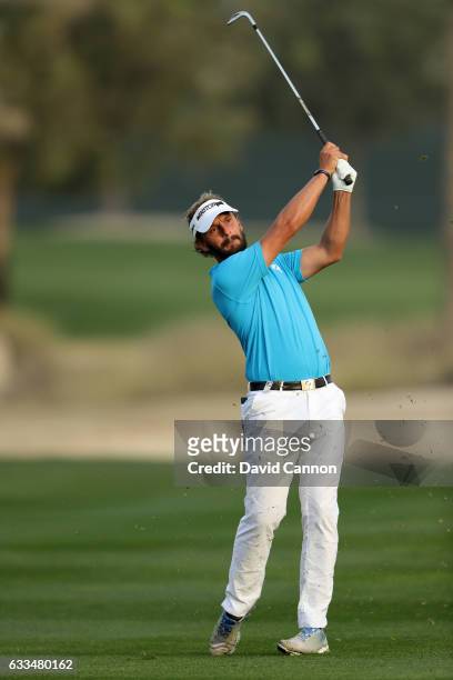 Joost Luiten of the Netherlands plays his third shot to the par 5, 10th hole during the first round of the 2017 Omega Dubai Desert Classic on the...