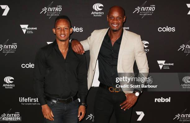 Michael Frater and Asafa Powell arrive ahead of the Nitro Athletics Gala Dinner at Crown Palladium on February 2, 2017 in Melbourne, Australia.