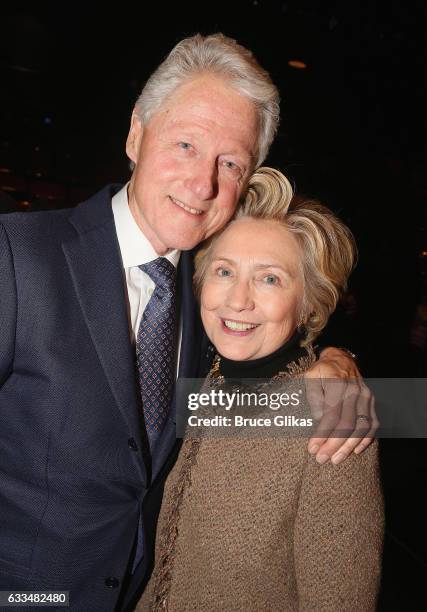 Former President Bill Clinton and former Secretary of State Hillary Clinton pose backstage at the hit musical "In Transit" on Broadway at The Cricle...