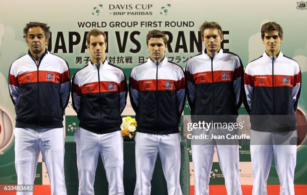 Captain of Team France Yannick Noah, Richard Gasquet, Gilles Simon, Nicolas Mahut, Pierre-Hughes Herbert of France pose during the official draw...