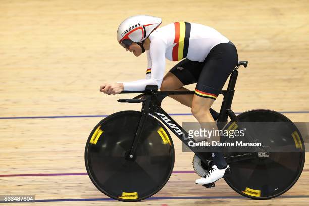 Jaime Nielsen of Waikato Bay of Plenty finishes first in the Elite Women 3000m Individual Pursuit final during the New Zealand Track Nationals on...