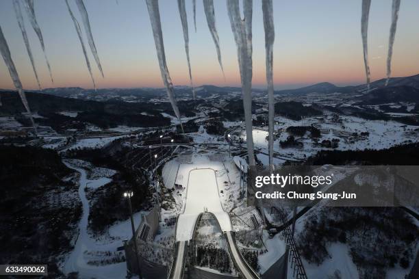 The general view of Alpensia Ski Jumping Centre in Alpensia Resort Park ahead of PyeongChang 2018 Winter Olympic Games on February 2, 2017 in...