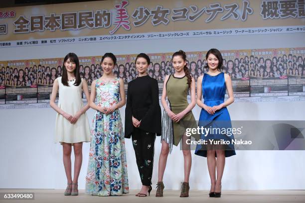 Actresses Hikaru Takahashi, Ayame Goriki, Emi Takei, Mayuko Kawakita, Miyu Yoshimoto wave to the TV cameras at the press conference for the 15th...