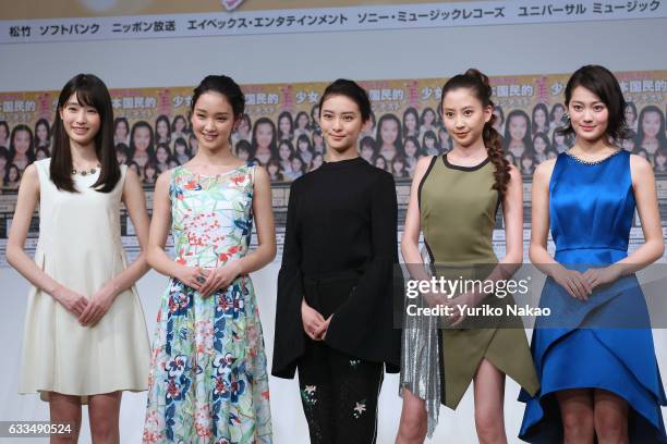 Actresses Hikaru Takahashi, Ayame Goriki, Emi Takei, Mayuko Kawakita, Miyu Yoshimoto wave to the TV cameras at the press conference for the 15th...