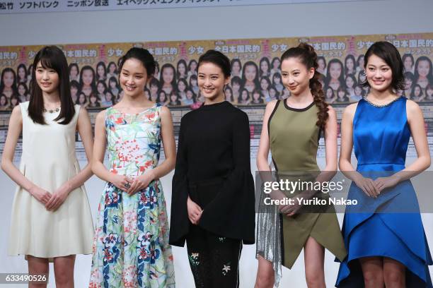 Actresses Hikaru Takahashi, Ayame Goriki, Emi Takei, Mayuko Kawakita, Miyu Yoshimoto attend the press conference for the 15th National Pretty Young...