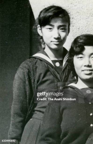 Princess Hatsuko of Kitashirakawa poses for photographs at Gakushuin Women's High School circa February 1956 in Tokyo, Japan.