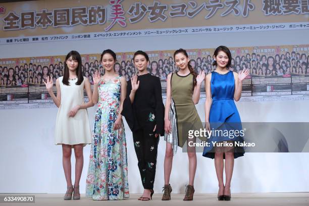 Hikaru Takahashi, Ayame Goriki, Emi Takei, Mayuko Kawakita, Miyu Yoshimoto wave to the TV cameras at the press conference for the 15th National...