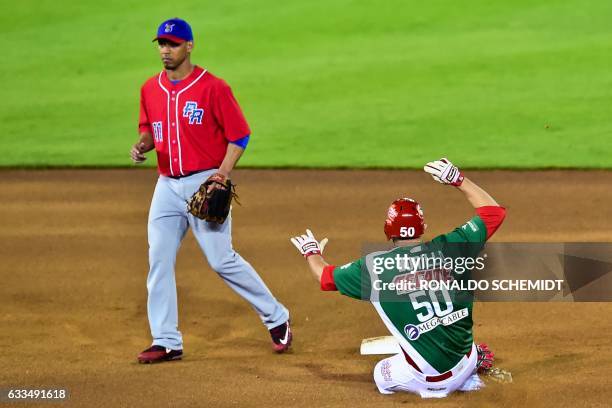Agustin Murillo of Aguilas de Mexicali from Mexico slides safely into second base against Criollos de Caguas from Puerto Rico during the Caribbean...
