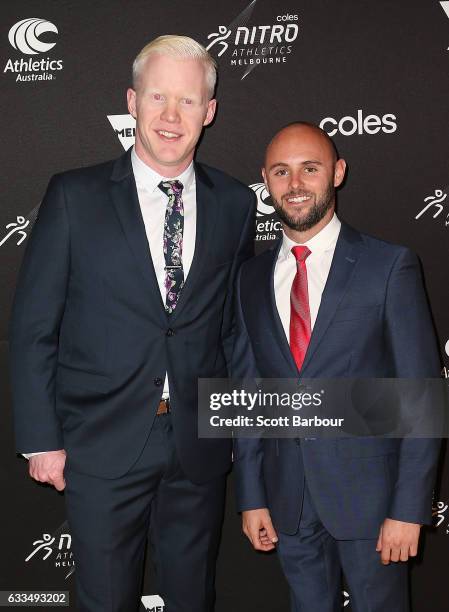 Chad Perris and Scott Reardon arrive ahead of the Nitro Athletics Gala Dinner at Crown Palladium on February 2, 2017 in Melbourne, Australia.