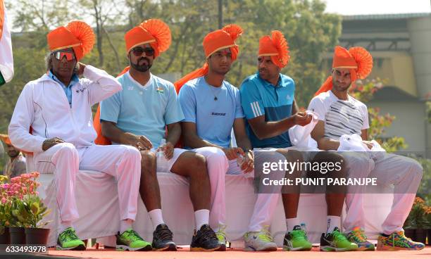 India tennis team non-playing captain Anand Amritraj and players Leander Paes , Ramkumar Ramanathan , Vishnu Vardhan and Yuki Bhambri take part in...