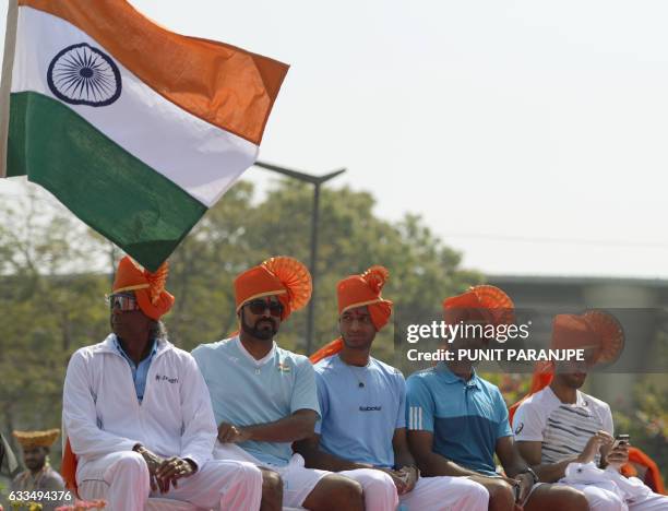 India tennis team non-playing captain Anand Amritraj and players Leander Paes , Ramkumar Ramanathan , Vishnu Vardhan and Yuki Bhambri take part in...