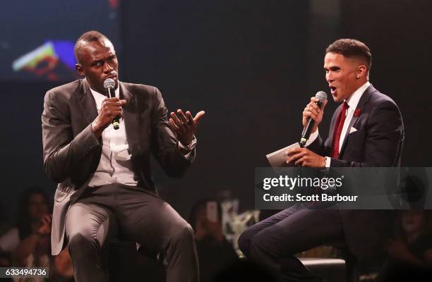 Usain Bolt speaks with John Steffensen on stage during the Nitro Athletics Gala Dinner at Crown Palladium on February 2, 2017 in Melbourne, Australia.