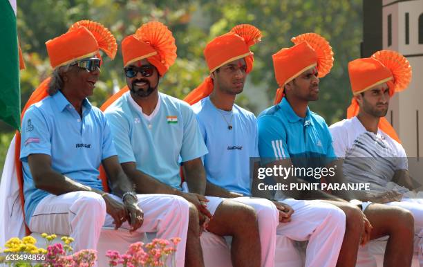 India tennis team non-playing captain Anand Amritraj and players Leander Paes , Ramkumar Ramanathan , Vishnu Vardhan and Yuki Bhambri take part in...