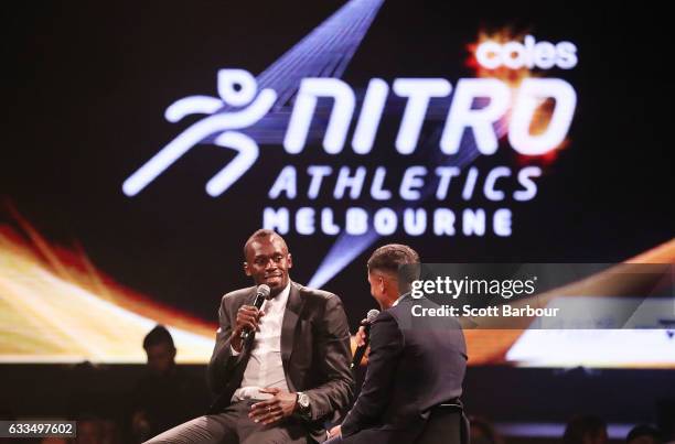 Usain Bolt speaks with John Steffensen on stage during the Nitro Athletics Gala Dinner at Crown Palladium on February 2, 2017 in Melbourne, Australia.