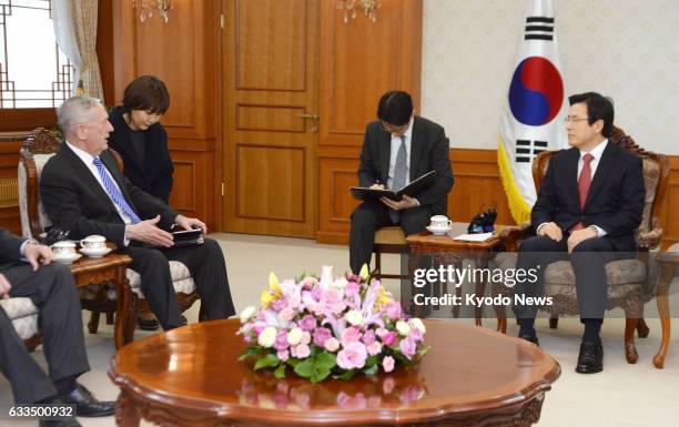 Defense Secretary James Mattis and South Korea's acting President Hwang Kyo Ahn hold talks in Seoul on Feb. 2, 2017. The new U.S. Defense chief...