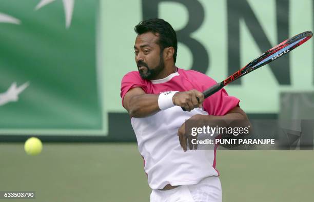 India tennis player, Leander Paes plays a shot during a training session at the Balewadi Sports Complex in Pune on February 2, 2017. The three-day...