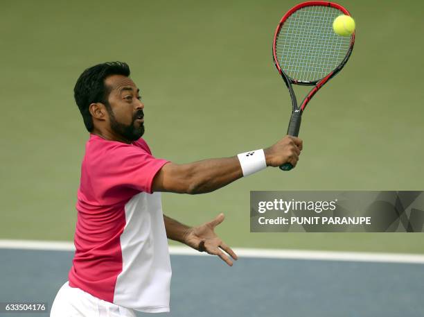 India tennis player, Leander Paes plays a shot during a training session at the Balewadi Sports Complex in Pune on February 2, 2017. The three-day...