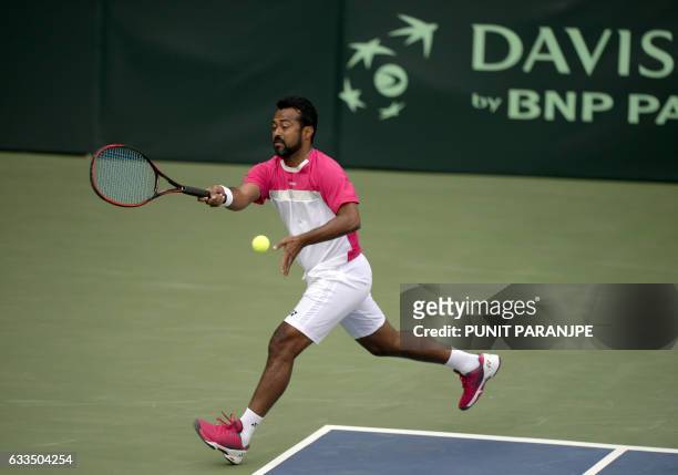 India tennis player Leander Paes plays a shot during a training session at the Balewadi Sports Complex in Pune on February 2, 2017. The three-day...
