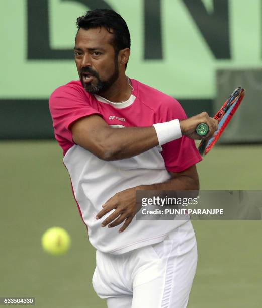 India tennis player, Leander Paes plays a shot during a training session at the Balewadi Sports Complex in Pune on February 2, 2017. The three-day...