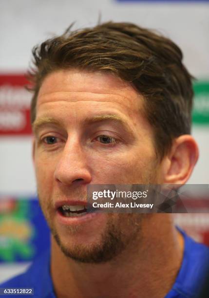 Kurt Gidley of Warrington Wolves faces the media during the Rugby League 2017 Season Launch at Leigh Sports Village on February 2, 2017 in Leigh,...