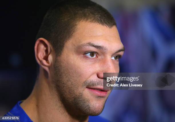 Ryan Hall of Leeds Rhinos faces the media during the Rugby League 2017 Season Launch at Leigh Sports Village on February 2, 2017 in Leigh, Greater...
