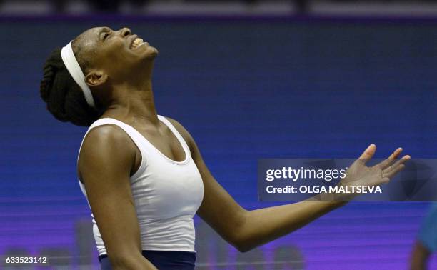 Venus Williams reacts during the second round match of the WTA St Petersburg Ladies Trophy 2017 tennis tournament against France's Kristina...