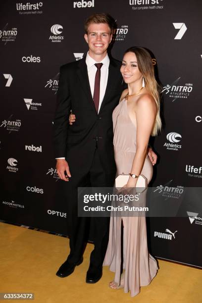 Alex Hartmann and guest seen arriving for the Nitro Athletics Melbourne Gala Dinner on February 2 2017 in Melbourne, Australia. PHOTOGRAPH BY Chris...