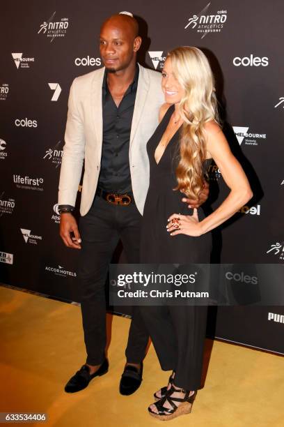 Genevieve LaCaze captain of Team Australia and Asafa Powell of Bolt All Stars seen arriving for the Nitro Athletics Melbourne Gala Dinner on February...