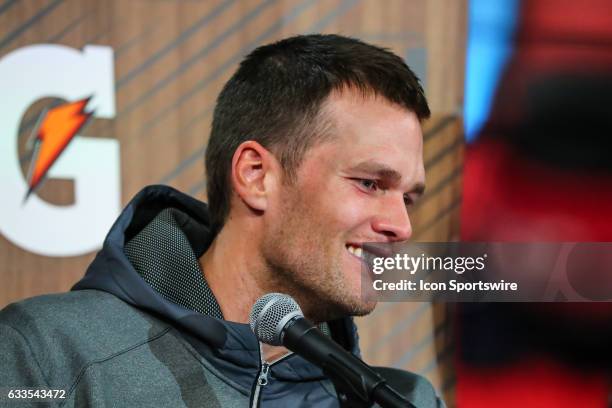 New England Patriots quarterback Tom Brady answers questions during Super Bowl Opening Night on January 30 at Minute Maid Park in Houston, Texas.