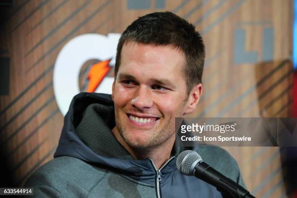 New England Patriots quarterback Tom Brady answers questions during Super Bowl Opening Night on January 30 at Minute Maid Park in Houston, Texas.