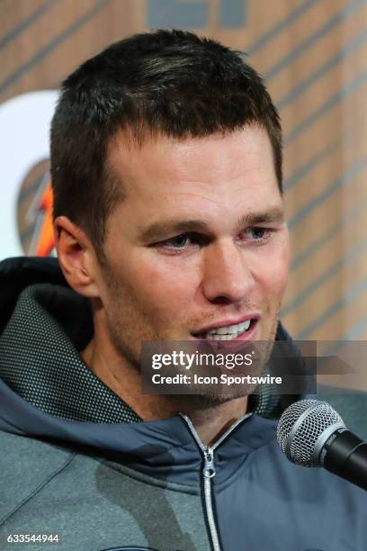 New England Patriots quarterback Tom Brady answers questions during Super Bowl Opening Night on January 30 at Minute Maid Park in Houston, Texas.