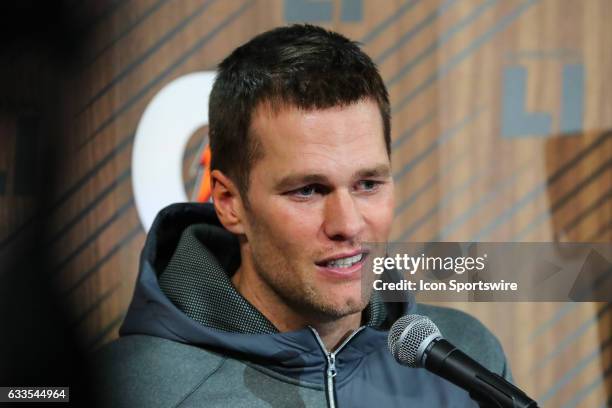 New England Patriots quarterback Tom Brady answers questions during Super Bowl Opening Night on January 30 at Minute Maid Park in Houston, Texas.