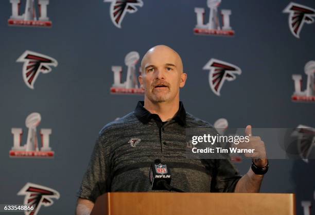 Head coach Dan Quinn of the Atlanta Falcons adresses the media during the Super Bowl LI press conference on February 2, 2017 in Houston, Texas.