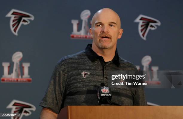 Head coach Dan Quinn of the Atlanta Falcons adresses the media during the Super Bowl LI press conference on February 2, 2017 in Houston, Texas.
