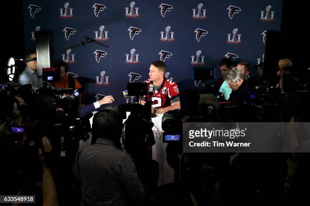 Matt Ryan of the Atlanta Falcons addresses the media during the Super Bowl LI press conference on February 2, 2017 in Houston, Texas.
