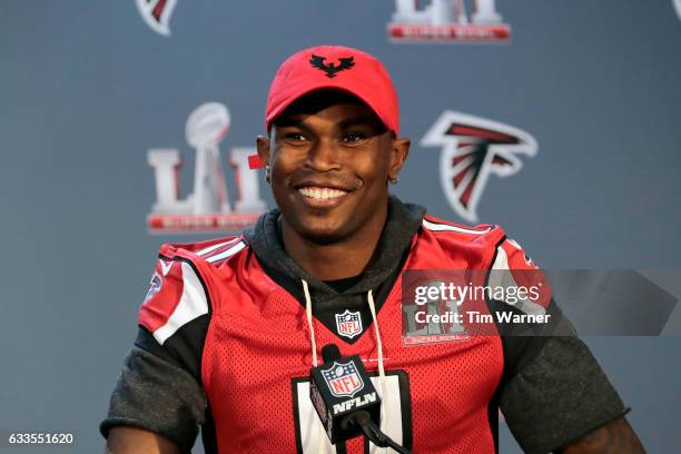 Julio Jones of the Atlanta Falcons addresses the media during the Super Bowl LI press conference on February 2, 2017 in Houston, Texas.