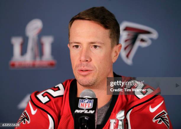 Matt Ryan of the Atlanta Falcons addresses the media during the Super Bowl LI press conference on February 2, 2017 in Houston, Texas.